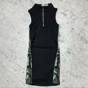 SHEIN Half Zip Black Ribbed Camoflauge Stripe Sleeveless Dress